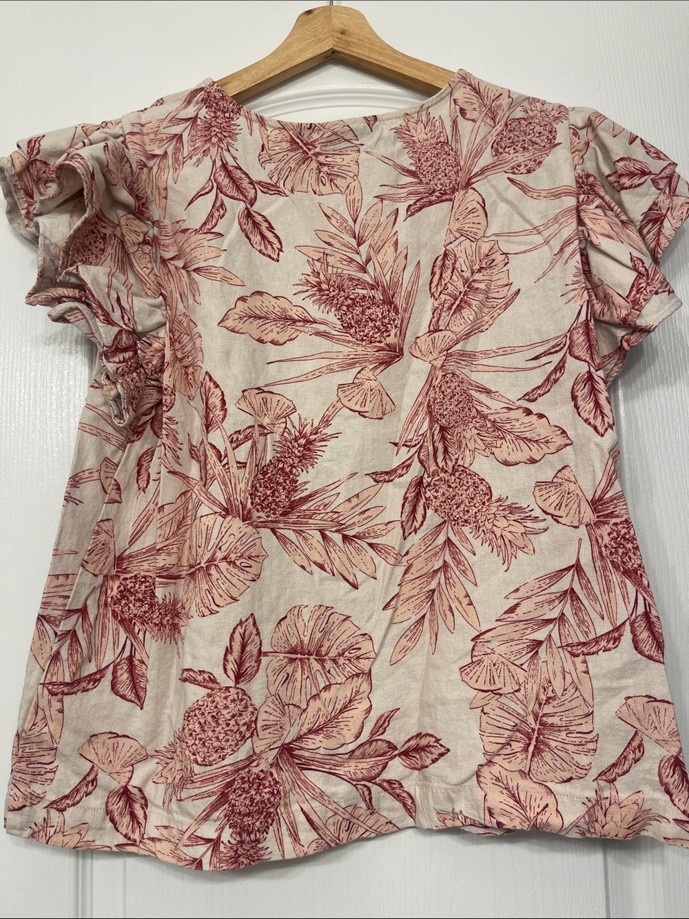 Rafaella Cream Top with Pink Floral Print and Ruffle Sleeves XL linen - Picture 4 of 6